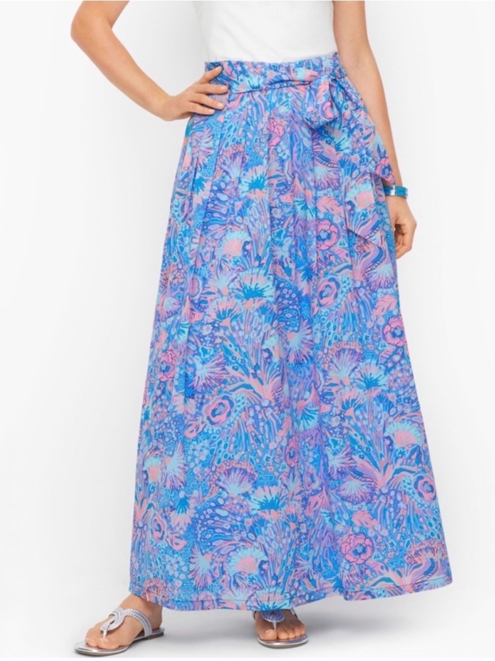 TALBOTS Voile Maxi Skirt in Flowing Floral Belt Lined Size 10